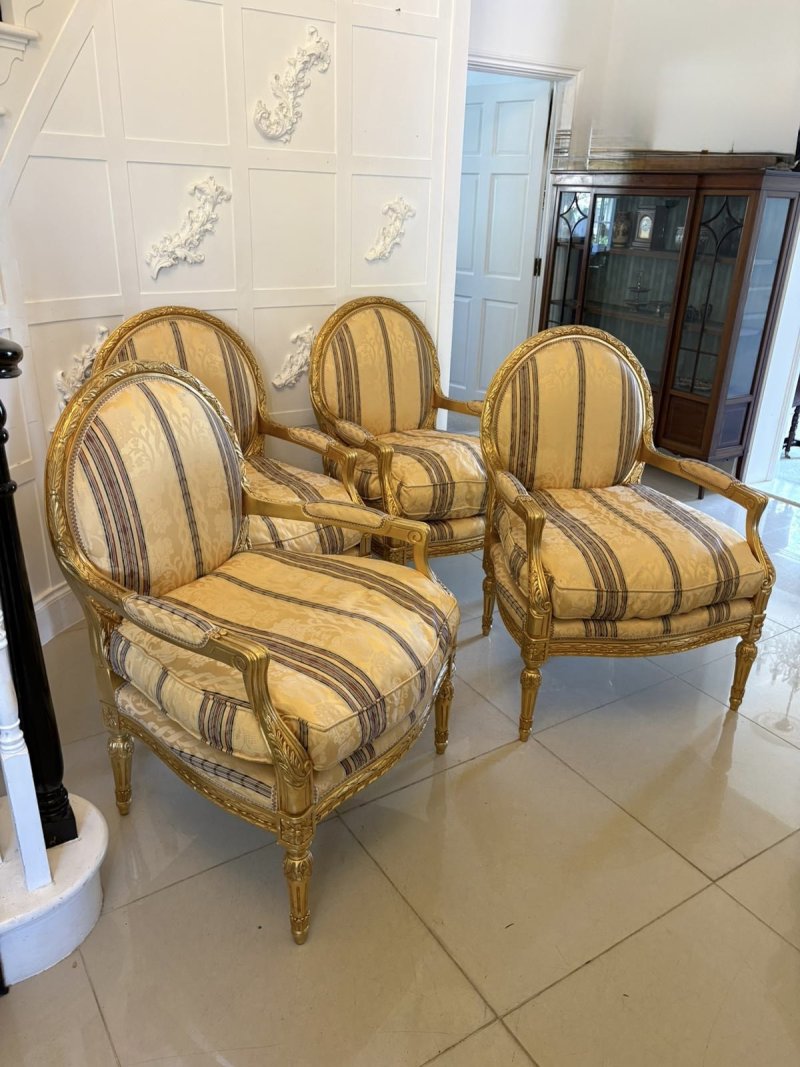 Antique French Giltwood Bergère Armchairs Set of 4 Louis XVI Style Salon Chairs - Image 3