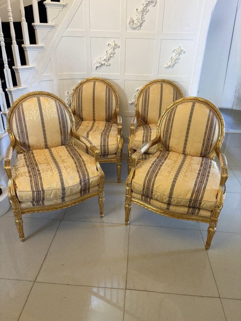 Antique French Giltwood Bergère Armchairs Set of 4 Louis XVI Style Salon Chairs