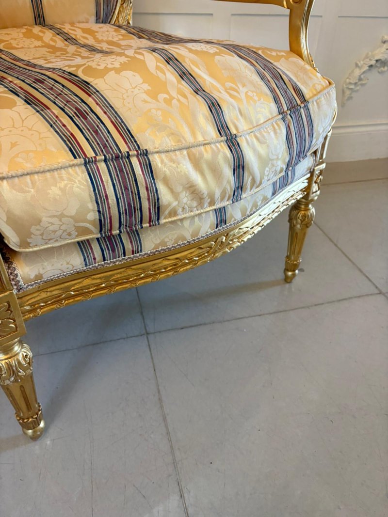 Antique French Giltwood Bergère Armchairs Set of 4 Louis XVI Style Salon Chairs - Image 13