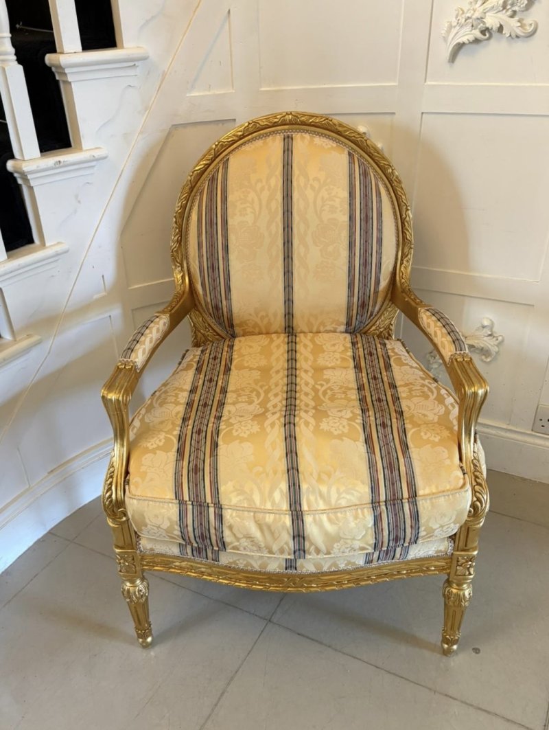 Antique French Giltwood Bergère Armchairs Set of 4 Louis XVI Style Salon Chairs - Image 7