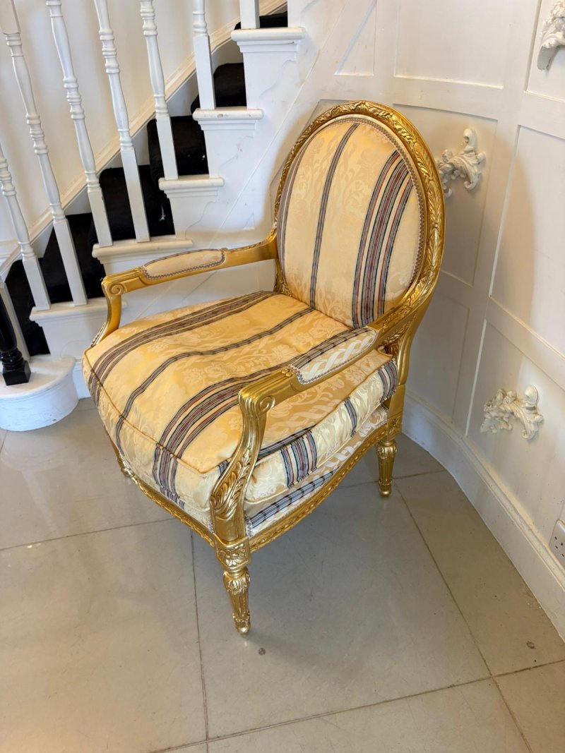 Antique French Giltwood Bergère Armchairs Set of 4 Louis XVI Style Salon Chairs - Image 6