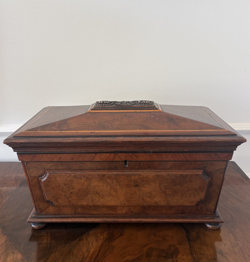 Antique Victorian English Burr Walnut Tea Caddy Sarcophagus Double Tea Caddy