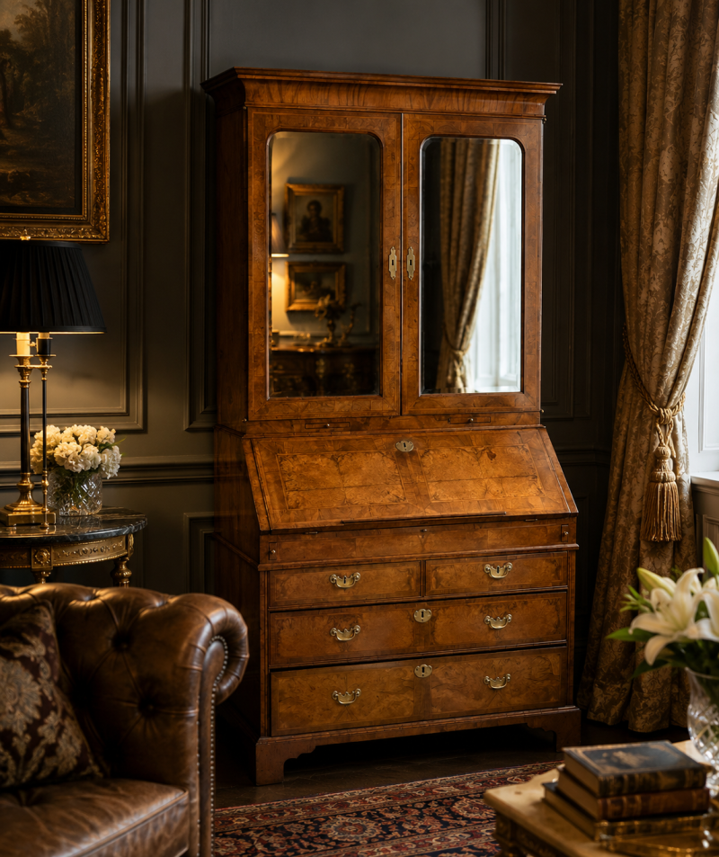 Antique Exceptional 18th Century George I Figured Walnut Bureau Bookcase Secretaire Cabinet - Image 2