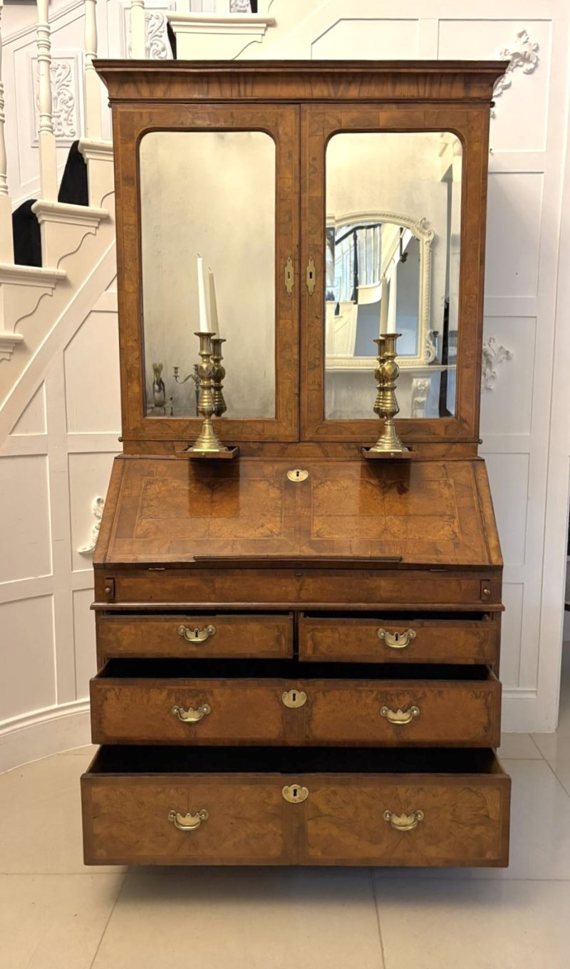 Antique Exceptional 18th Century George I Figured Walnut Bureau Bookcase Secretaire Cabinet - Image 6