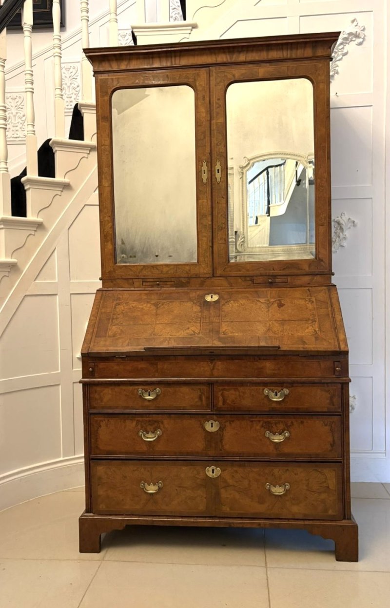 Antique Exceptional 18th Century George I Figured Walnut Bureau Bookcase Secretaire Cabinet