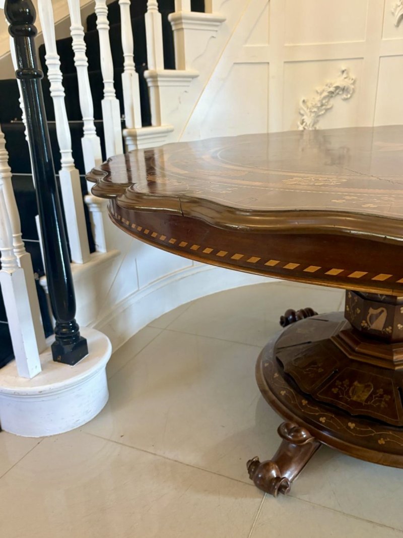 Antique Exhibition Quality Irish Killarney Marquetry Inlaid Yew Wood Centre Table Large Round Entry Hall Table Attributed to the Egan Workshop - Image 11