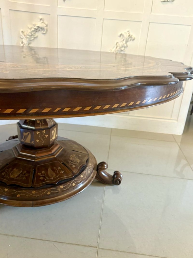 Antique Exhibition Quality Irish Killarney Marquetry Inlaid Yew Wood Centre Table Large Round Entry Hall Table Attributed to the Egan Workshop - Image 12