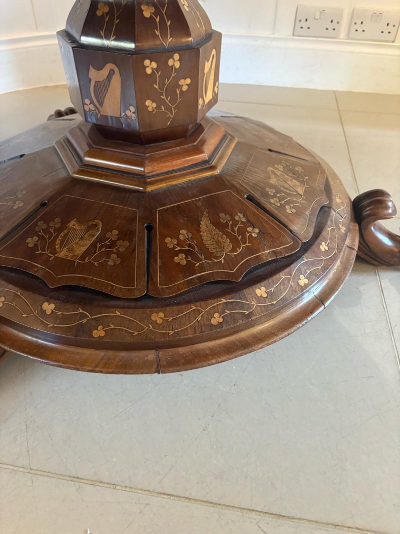 Antique Exhibition Quality Irish Killarney Marquetry Inlaid Yew Wood Centre Table Large Round Entry Hall Table Attributed to the Egan Workshop - Image 20