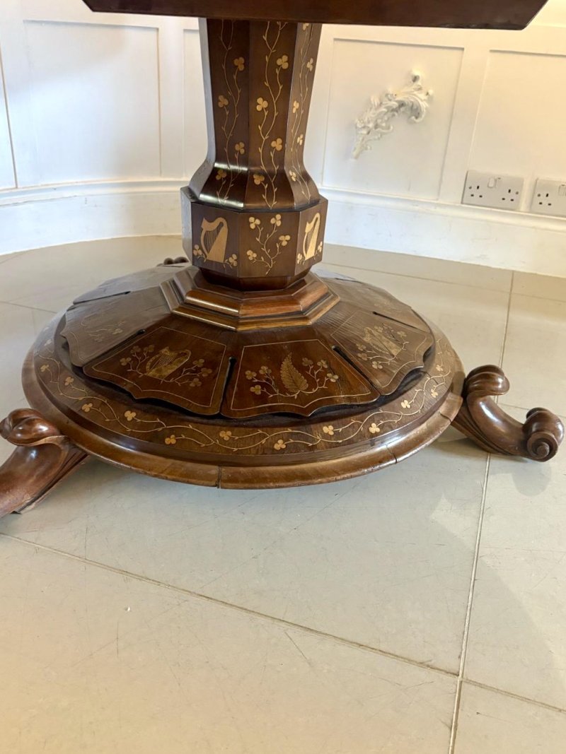 Antique Exhibition Quality Irish Killarney Marquetry Inlaid Yew Wood Centre Table Large Round Entry Hall Table Attributed to the Egan Workshop - Image 13