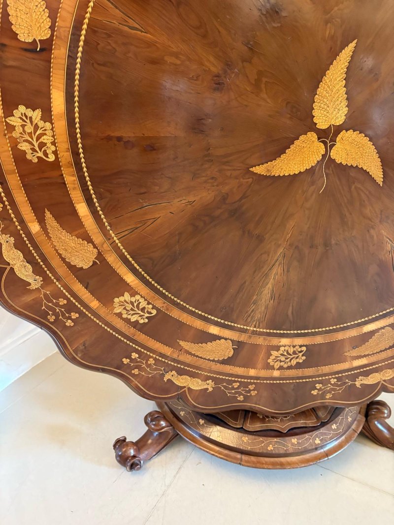 Antique Exhibition Quality Irish Killarney Marquetry Inlaid Yew Wood Centre Table Large Round Entry Hall Table Attributed to the Egan Workshop - Image 21
