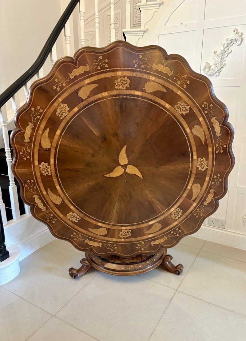 Antique Exhibition Quality Irish Killarney Marquetry Inlaid Yew Wood Centre Table Large Round Entry Hall Table Attributed to the Egan Workshop