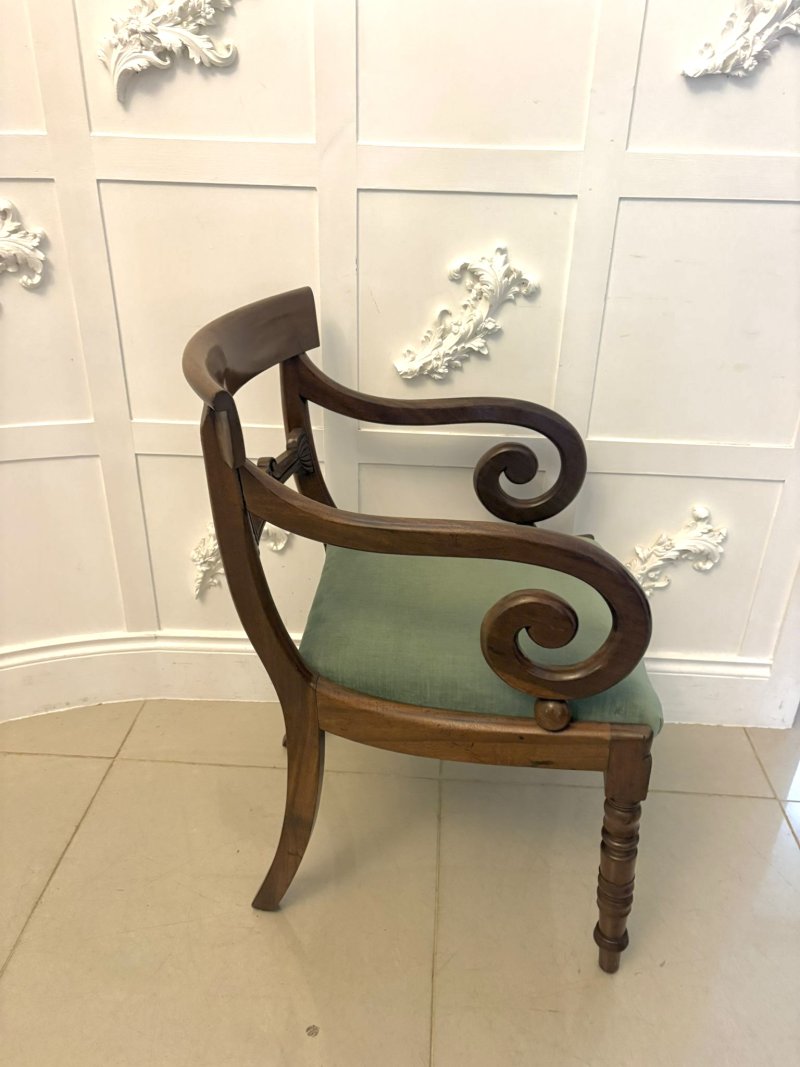 Antique Regency Mahogany Set of 8 Dining Chairs with Scroll Arm Carvers - Image 8