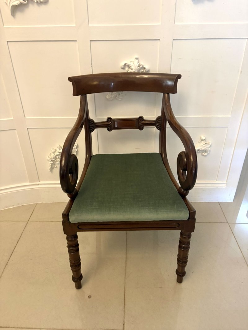 Antique Regency Mahogany Set of 8 Dining Chairs with Scroll Arm Carvers - Image 11