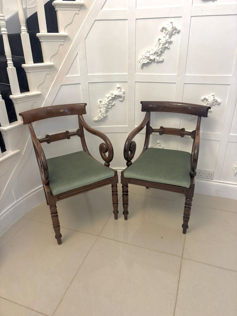Antique Regency Mahogany Set of 8 Dining Chairs with Scroll Arm Carvers - Image 7