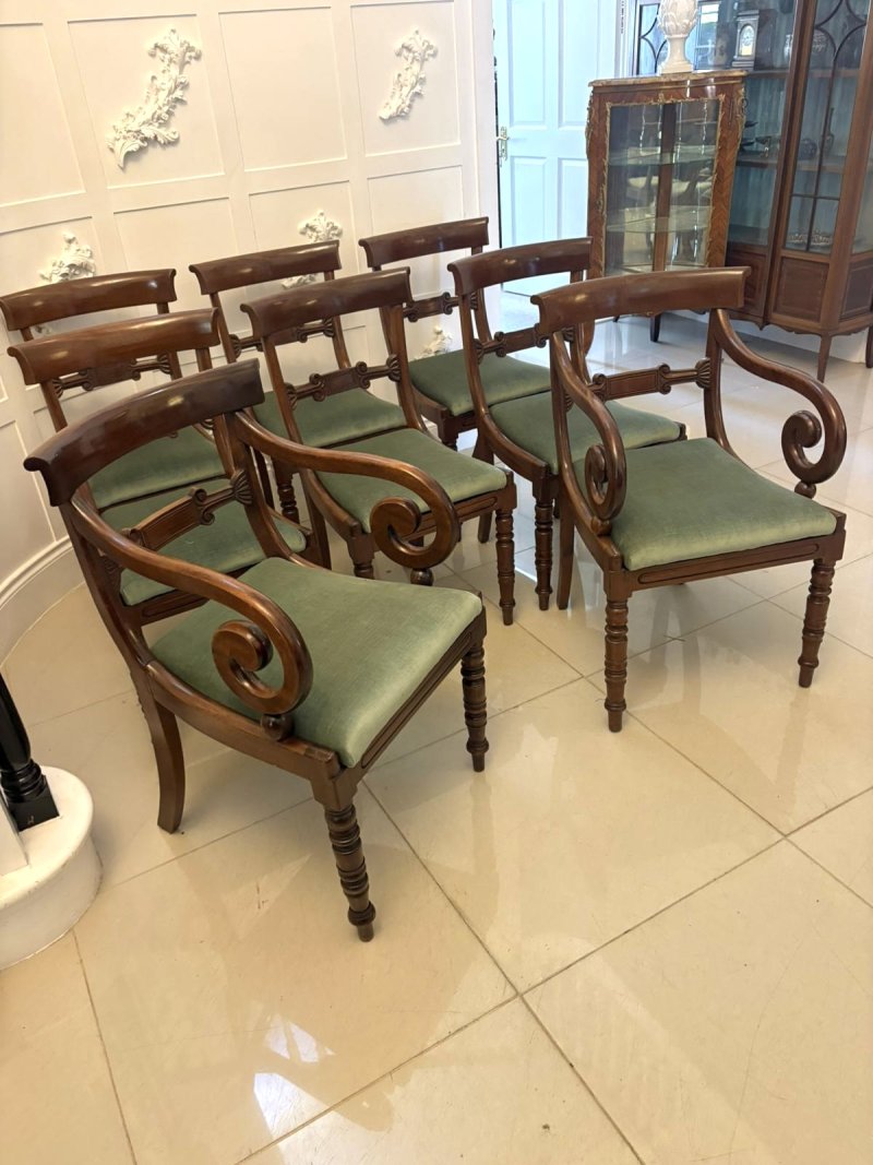 Antique Regency Mahogany Set of 8 Dining Chairs with Scroll Arm Carvers - Image 2