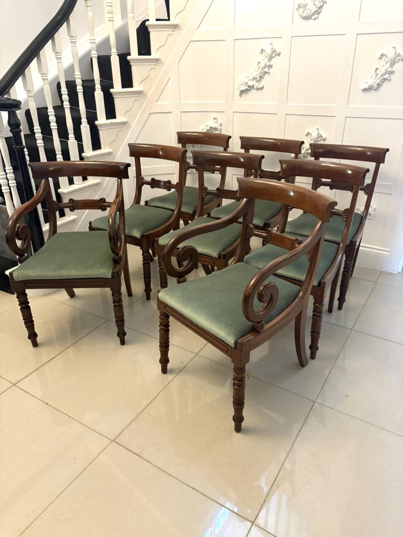 Antique Regency Mahogany Set of 8 Dining Chairs with Scroll Arm Carvers - Image 3