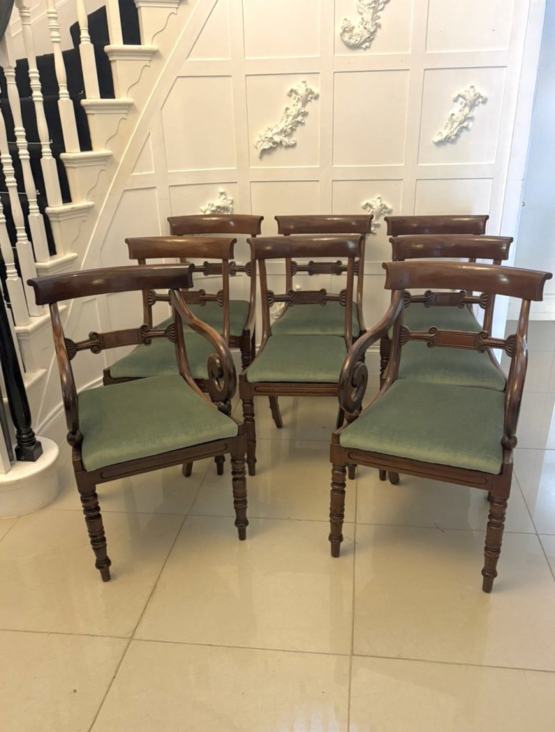 Antique Regency Mahogany Set of 8 Dining Chairs with Scroll Arm Carvers