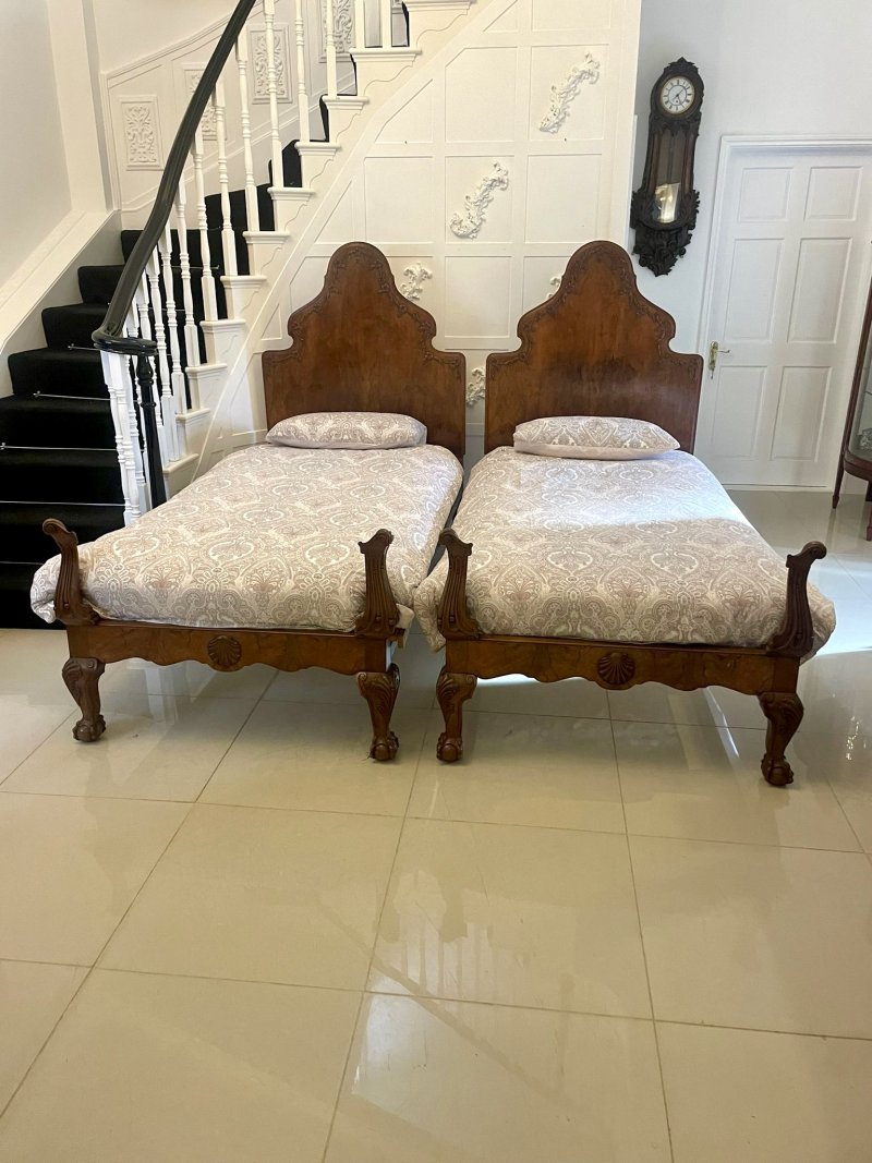 Antique Pair of Quality Carved Burr Walnut Single Beds - Image 3