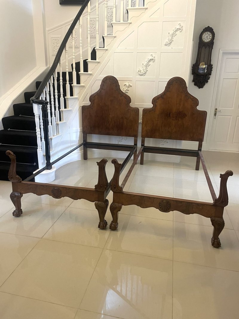 Antique Pair of Quality Carved Burr Walnut Single Beds - Image 6