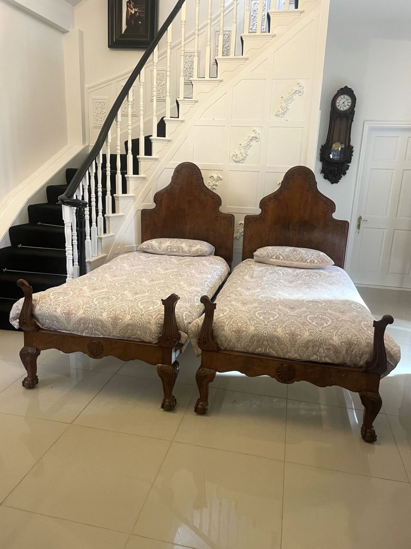 Antique Pair of Quality Carved Burr Walnut Single Beds - Image 2