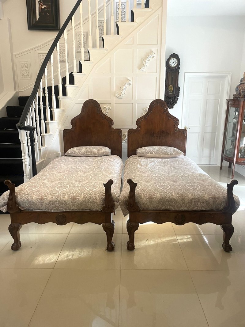 Antique Pair of Quality Carved Burr Walnut Single Beds - Image 5