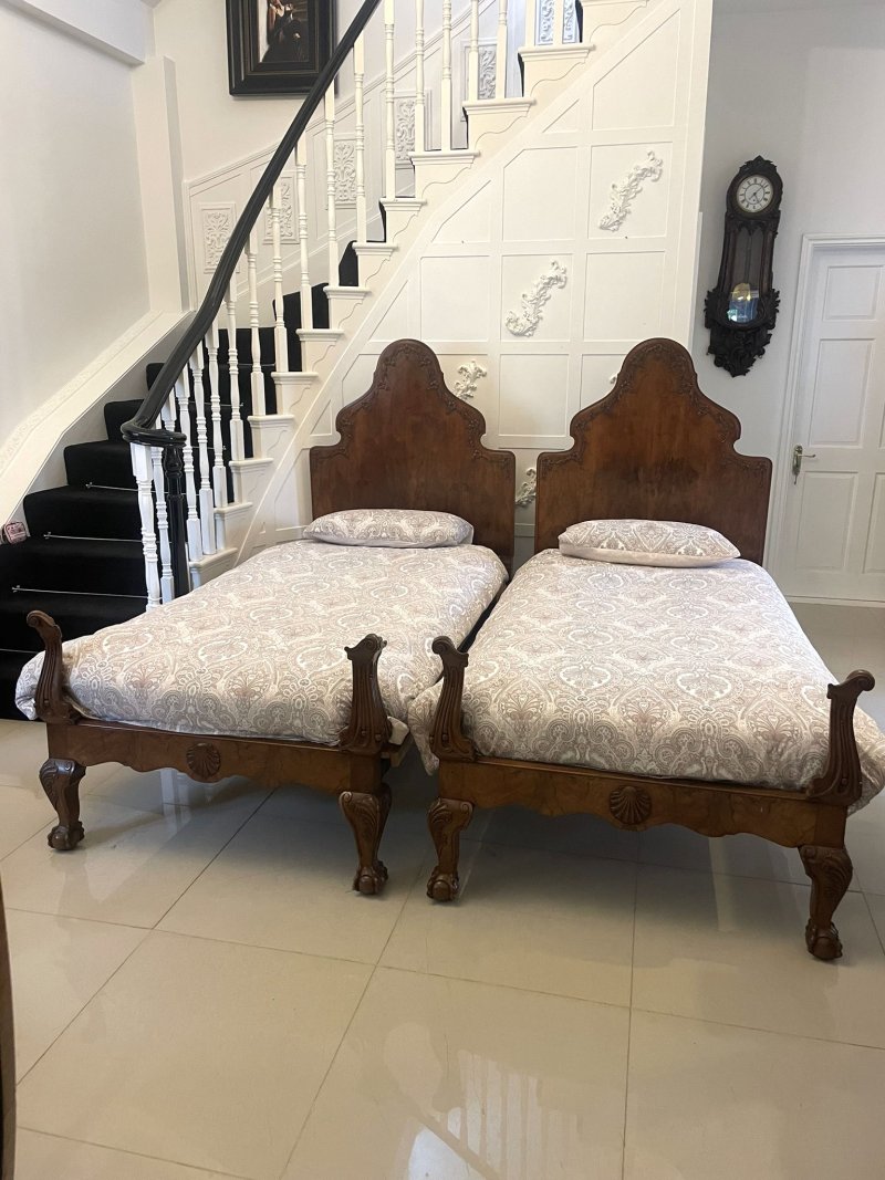 Antique Pair of Quality Carved Burr Walnut Single Beds - Image 4
