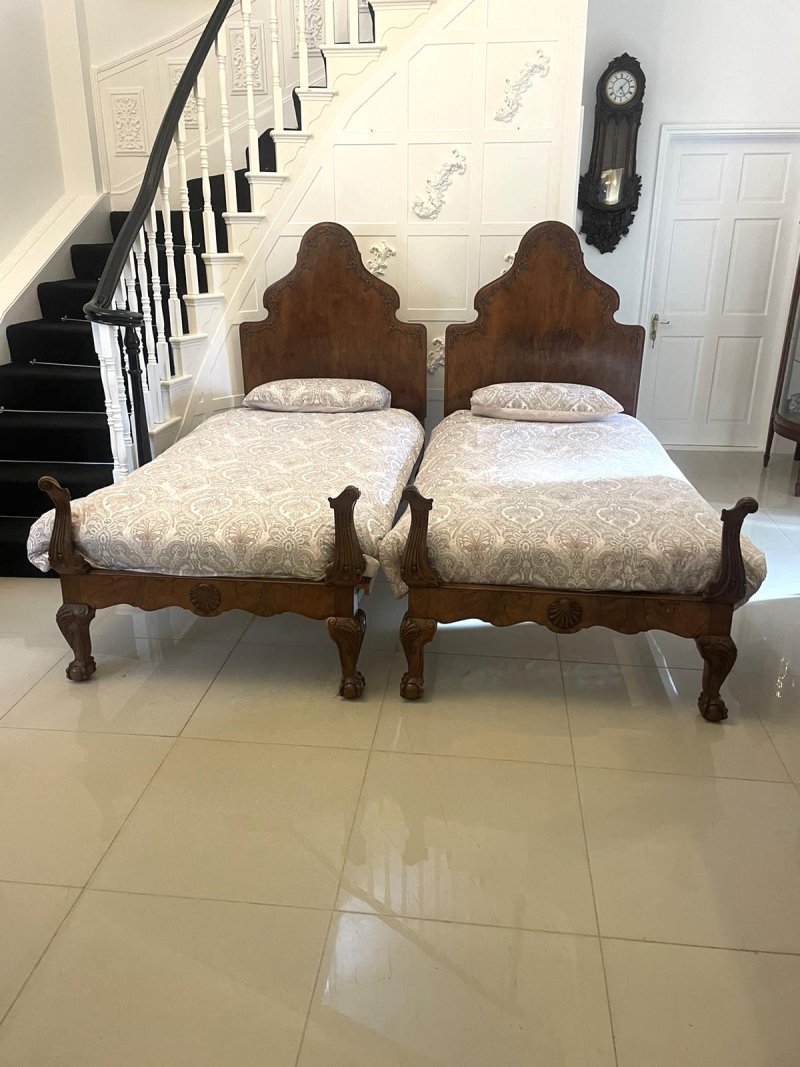 Antique Pair of Quality Carved Burr Walnut Single Beds
