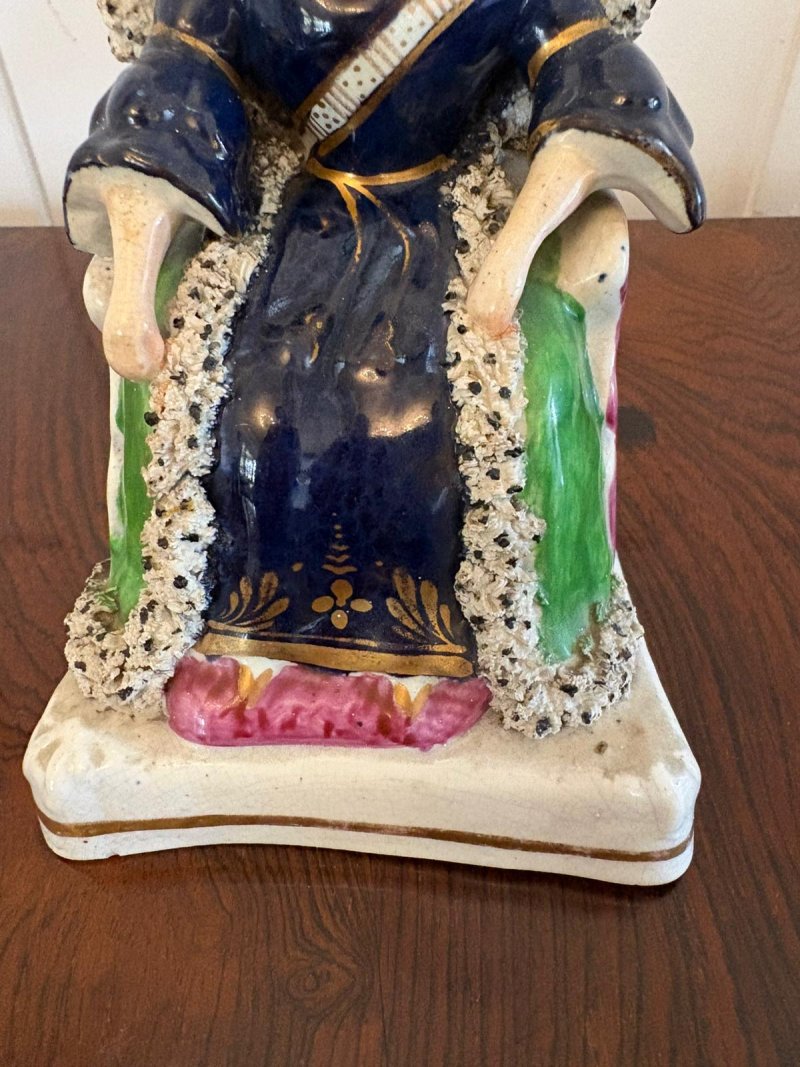 Antique Staffordshire Queen Victoria Figure Flatback Seated Ceramic Ornament Crown Cobalt Blue - Image 7