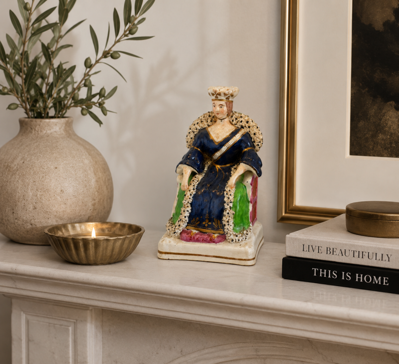 Antique Staffordshire Queen Victoria Figure Flatback Seated Ceramic Ornament Crown Cobalt Blue - Image 10