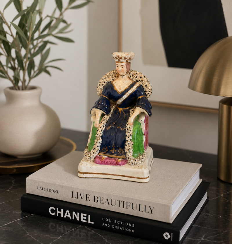 Antique Staffordshire Queen Victoria Figure Flatback Seated Ceramic Ornament Crown Cobalt Blue - Image 3