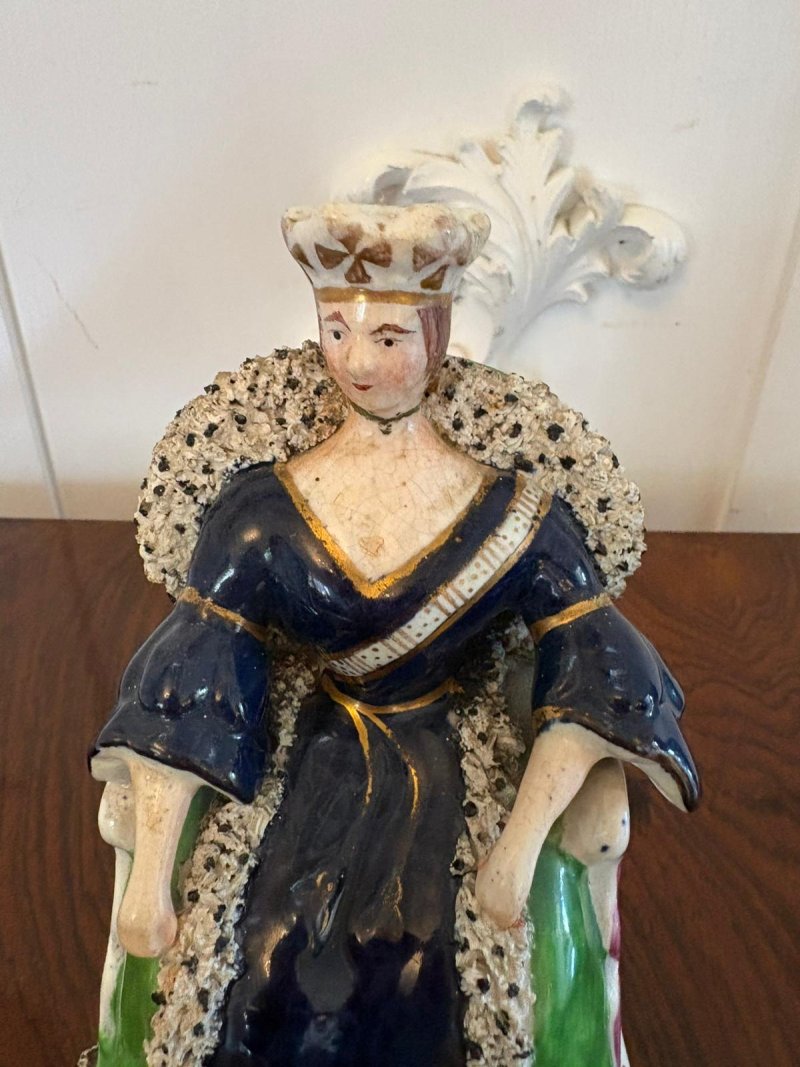 Antique Staffordshire Queen Victoria Figure Flatback Seated Ceramic Ornament Crown Cobalt Blue - Image 2