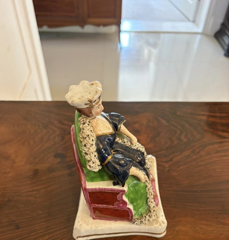 Antique Staffordshire Queen Victoria Figure Flatback Seated Ceramic Ornament Crown Cobalt Blue - Image 6
