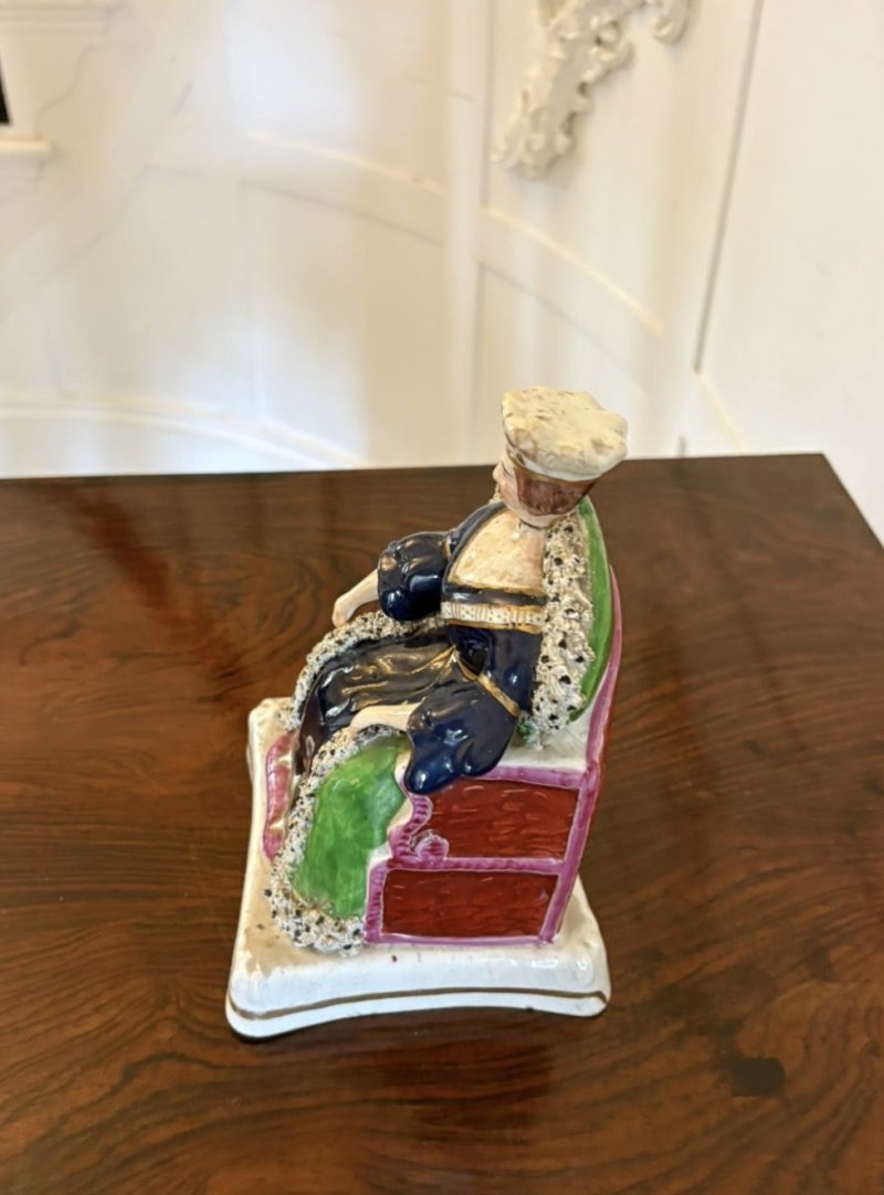 Antique Staffordshire Queen Victoria Figure Flatback Seated Ceramic Ornament Crown Cobalt Blue - Image 5