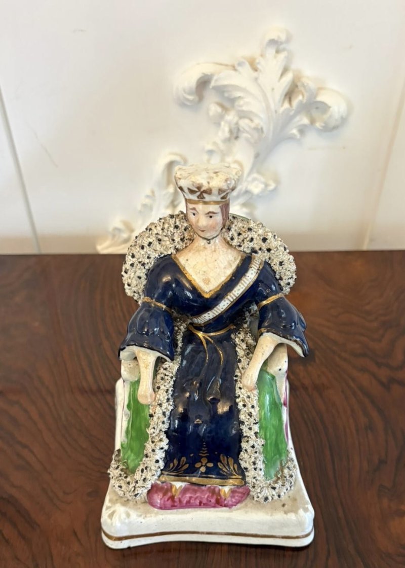 Antique Staffordshire Queen Victoria Figure Flatback Seated Ceramic Ornament Crown Cobalt Blue