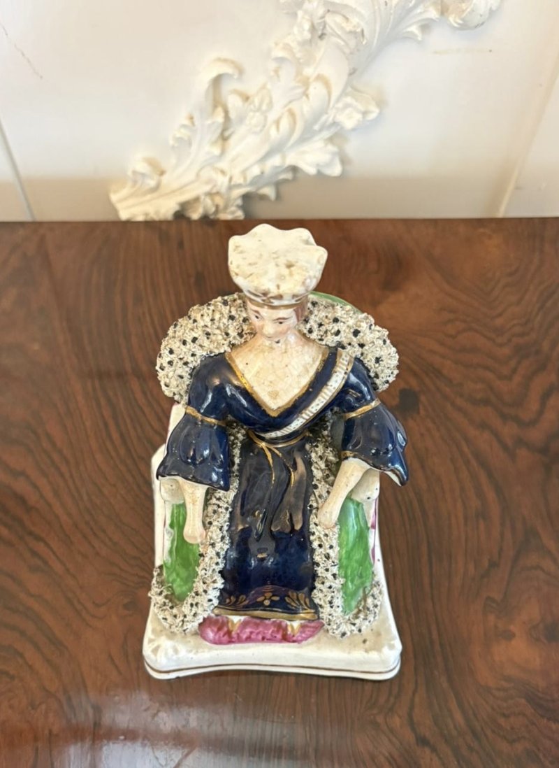 Antique Staffordshire Queen Victoria Figure Flatback Seated Ceramic Ornament Crown Cobalt Blue - Image 4