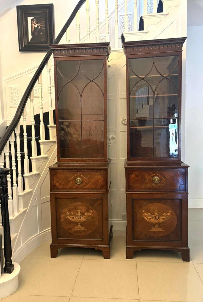 Antique Pair Regency Mahogany Inlaid Astragal Glazed Library Bookcases
