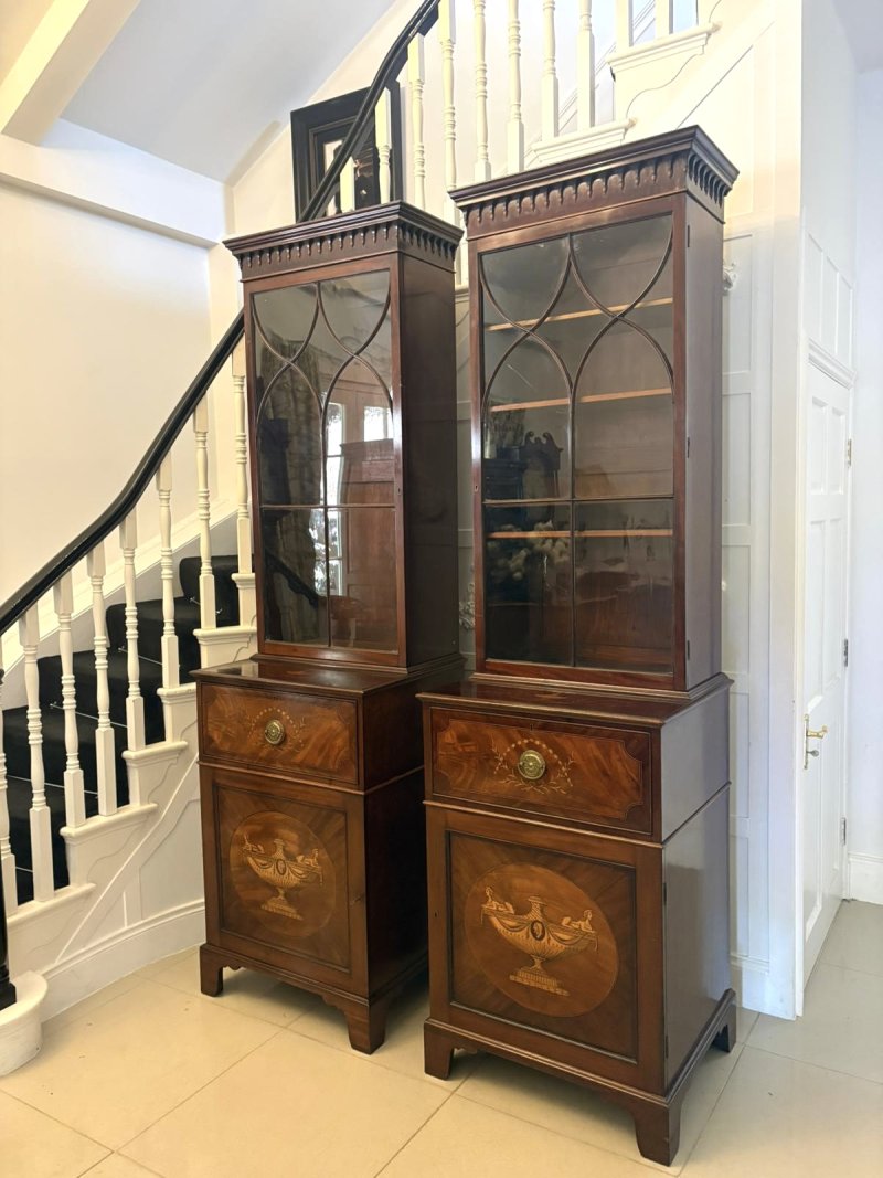Antique Pair Regency Mahogany Inlaid Astragal Glazed Library Bookcases - Image 5