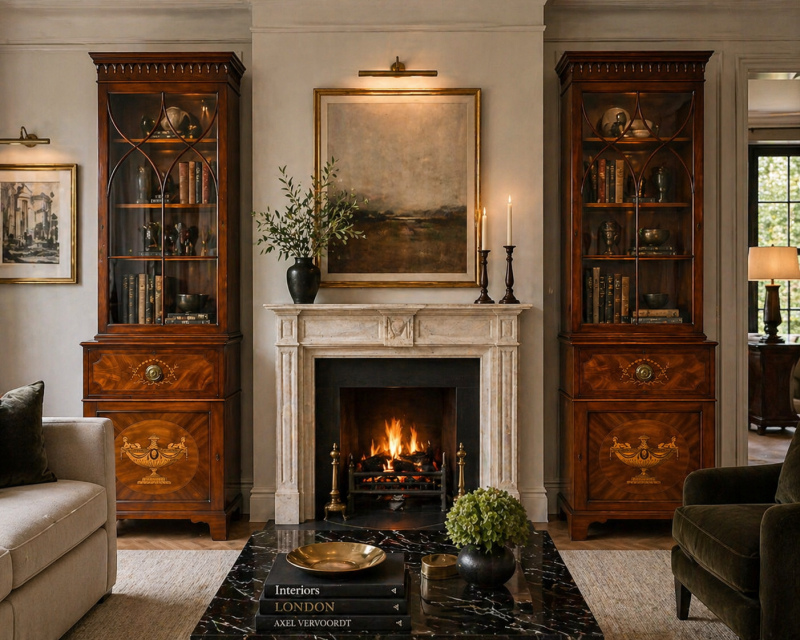 Antique Pair Regency Mahogany Inlaid Astragal Glazed Library Bookcases - Image 2