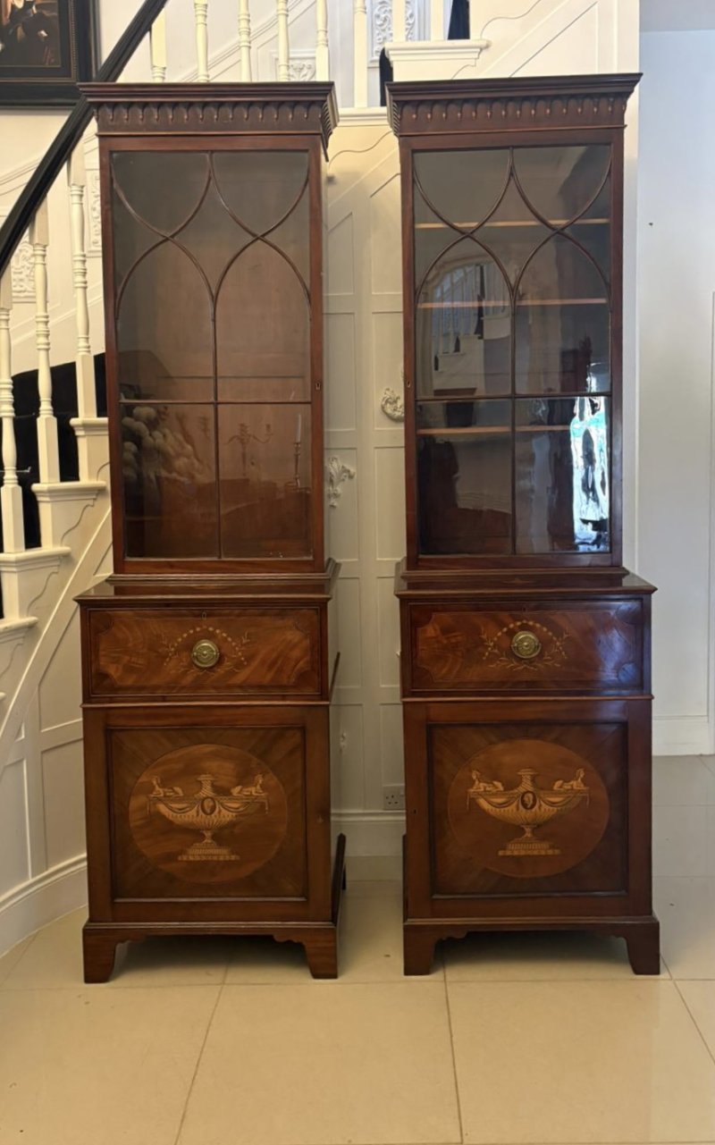 Antique Pair Regency Mahogany Inlaid Astragal Glazed Library Bookcases - Image 3