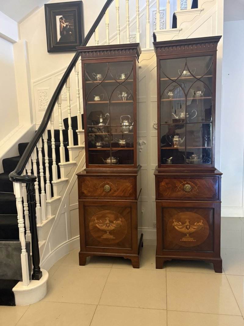 Antique Pair Regency Mahogany Inlaid Astragal Glazed Library Bookcases - Image 4