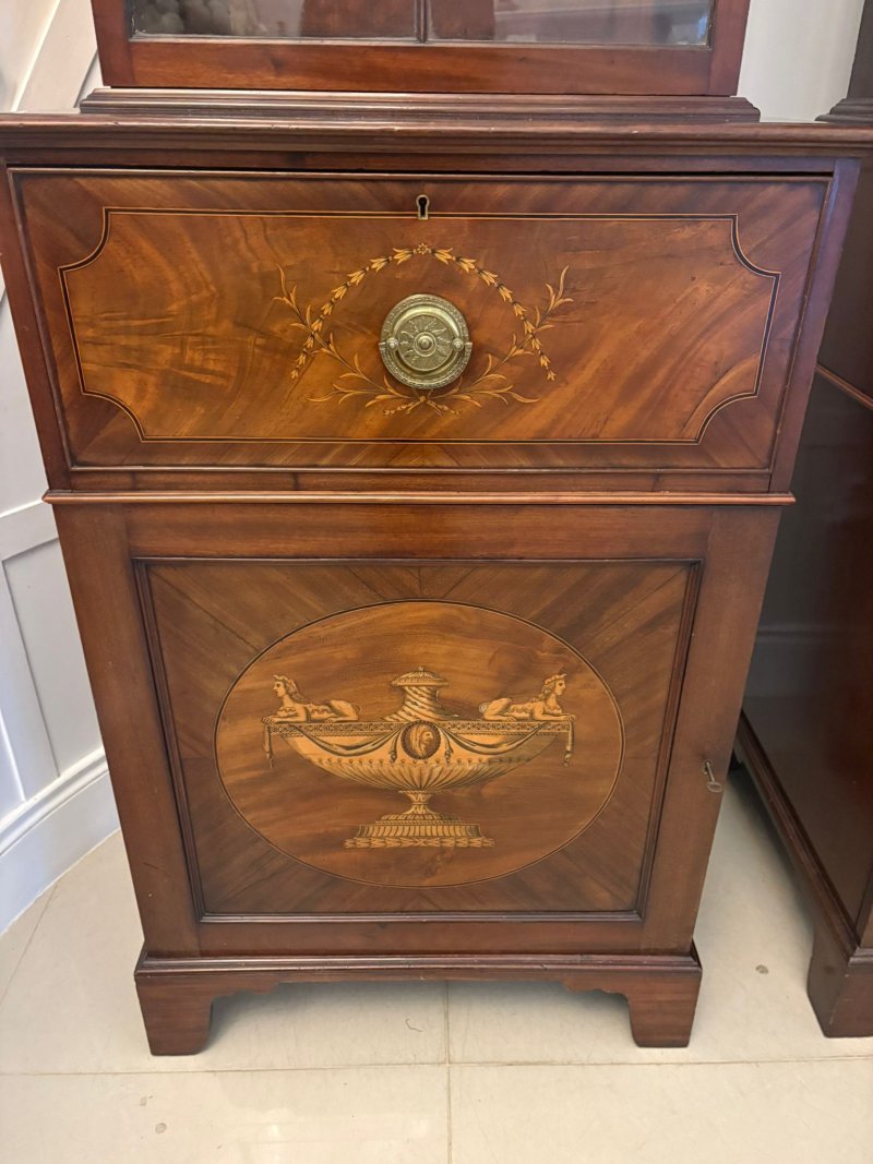 Antique Pair Regency Mahogany Inlaid Astragal Glazed Library Bookcases - Image 6