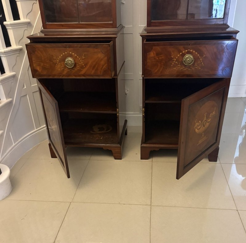 Antique Pair Regency Mahogany Inlaid Astragal Glazed Library Bookcases - Image 8