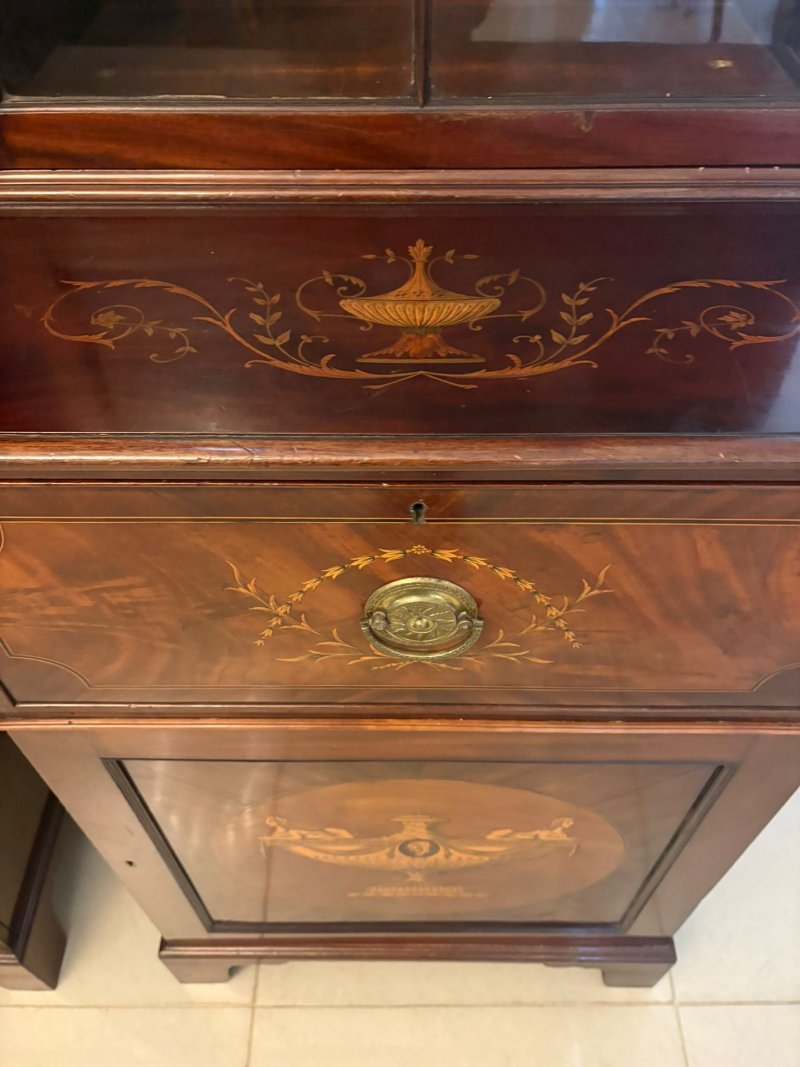 Antique Pair Regency Mahogany Inlaid Astragal Glazed Library Bookcases - Image 11