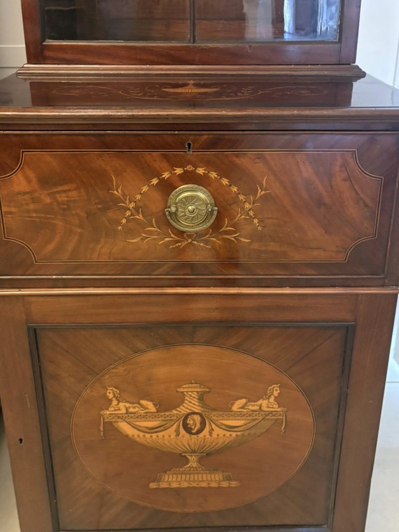 Antique Pair Regency Mahogany Inlaid Astragal Glazed Library Bookcases - Image 10