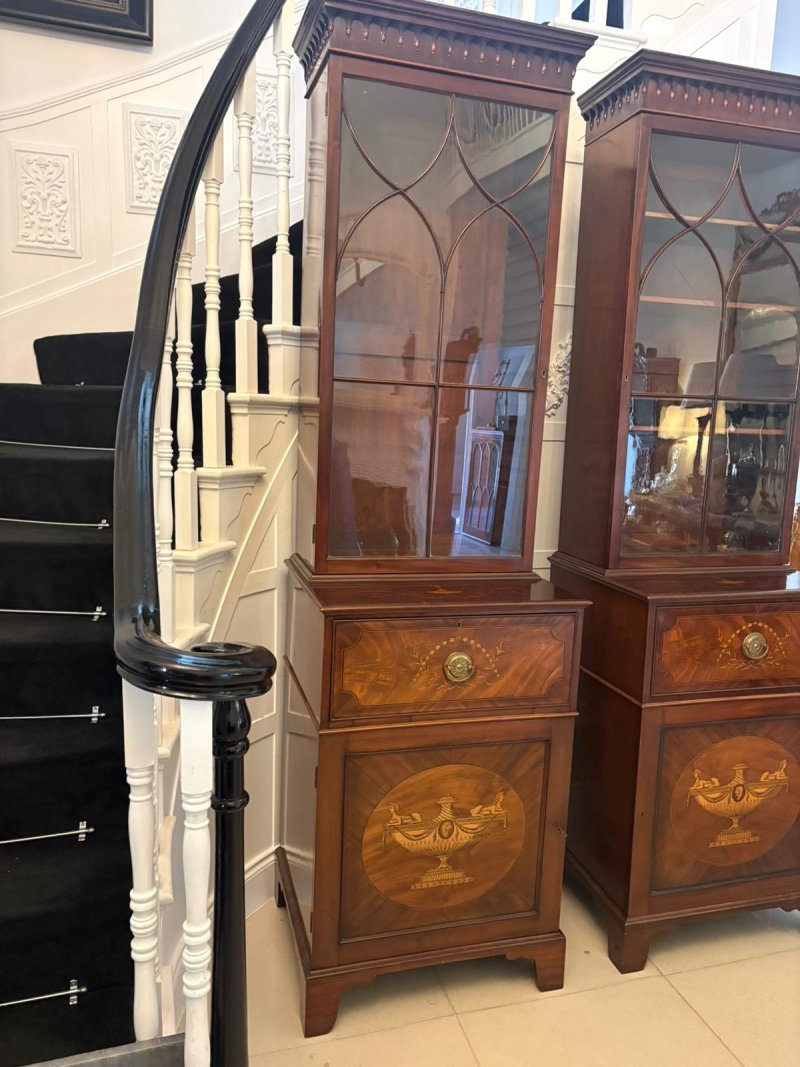 Antique Pair Regency Mahogany Inlaid Astragal Glazed Library Bookcases - Image 15