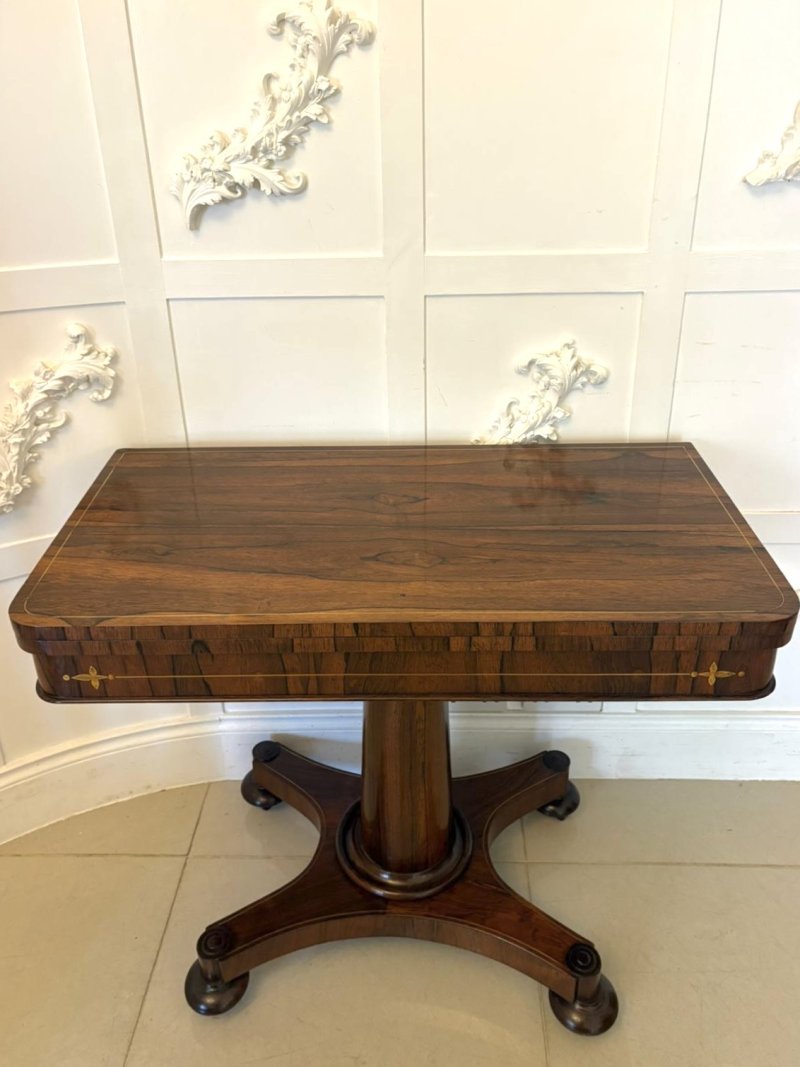 Antique Regency Rosewood Brass Inlaid Card Table Console Table Fold Over Top Games Table - Image 3