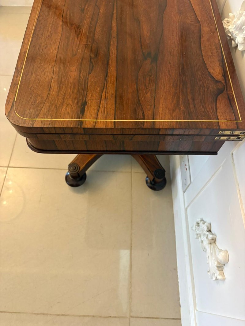 Antique Regency Rosewood Brass Inlaid Card Table Console Table Fold Over Top Games Table - Image 7