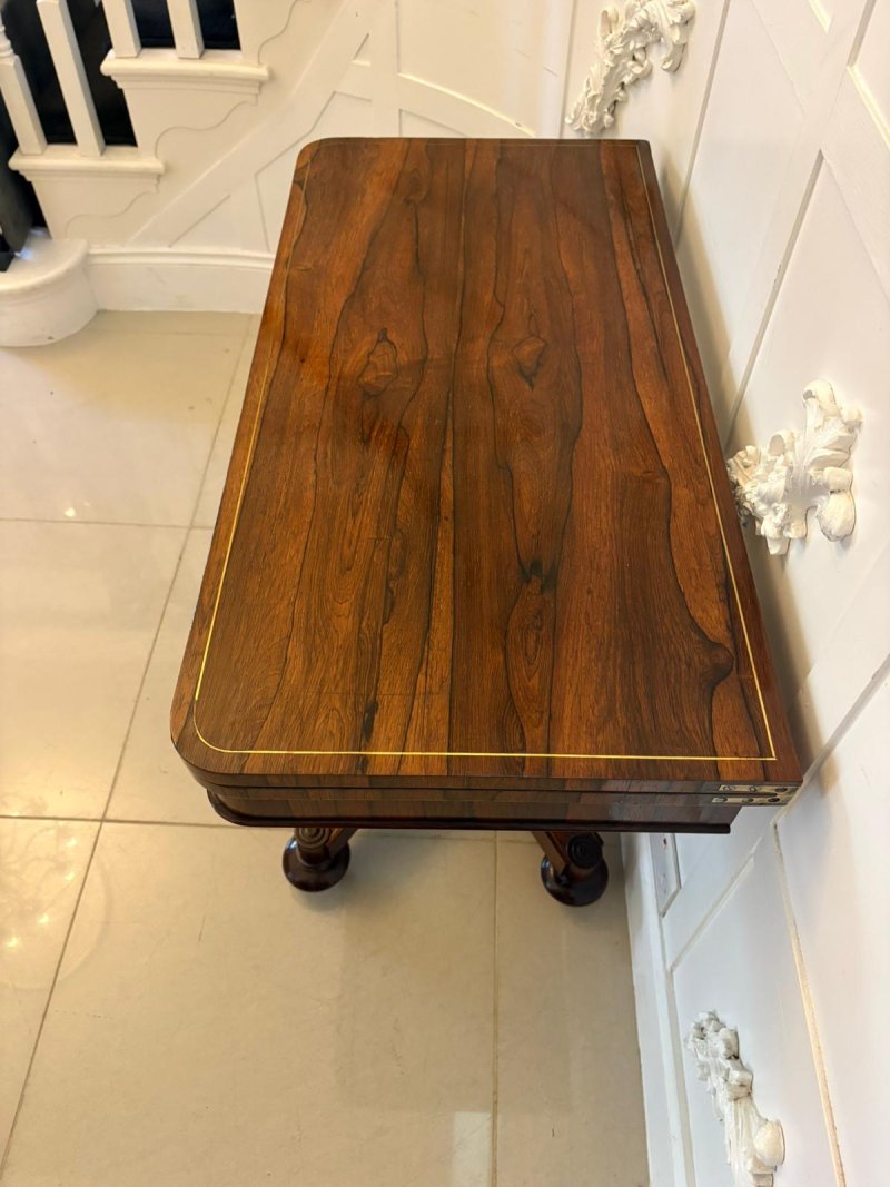 Antique Regency Rosewood Brass Inlaid Card Table Console Table Fold Over Top Games Table - Image 5