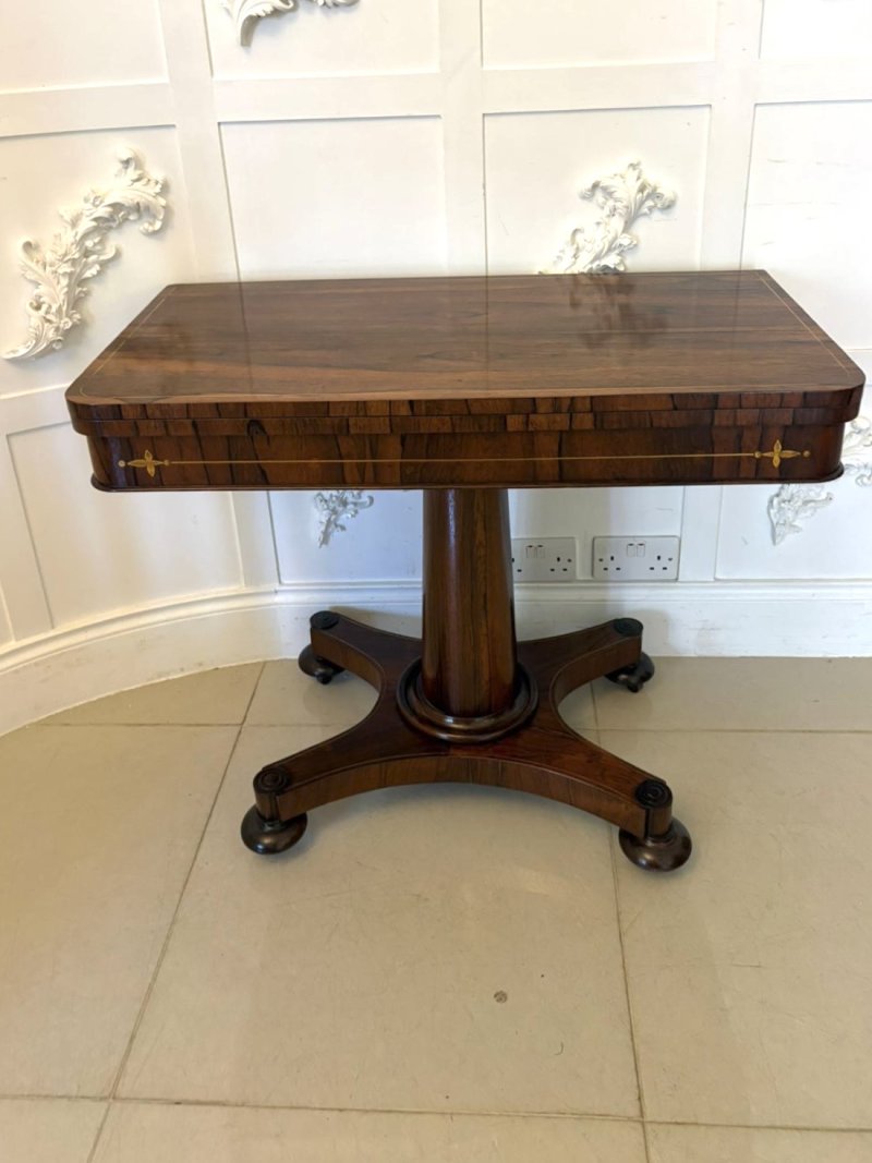 Antique Regency Rosewood Brass Inlaid Card Table Console Table Fold Over Top Games Table - Image 2