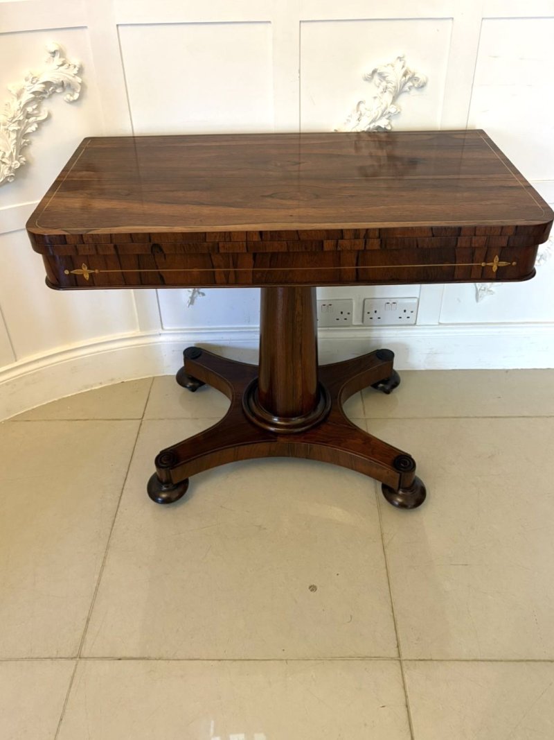 Antique Regency Rosewood Brass Inlaid Card Table Console Table Fold Over Top Games Table
